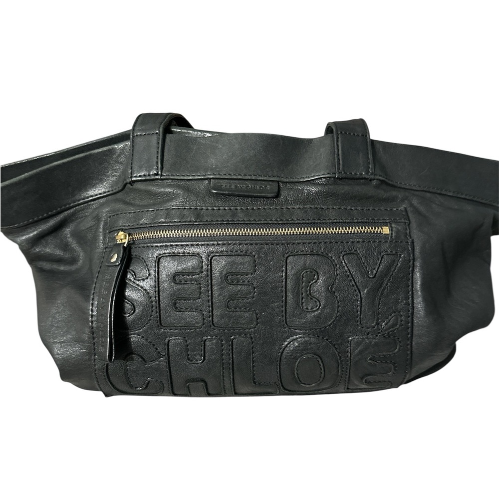 See By Chloe Black Leather large Shoulder Bag gold accents no call outs